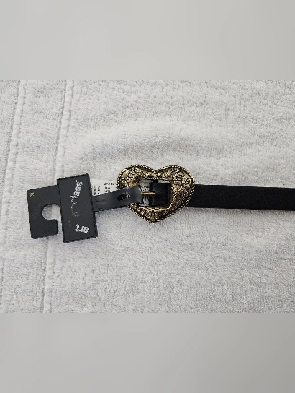 Art Class Girls Western Heart Buckle Belt Black Gold Etched Floral Vintage Style